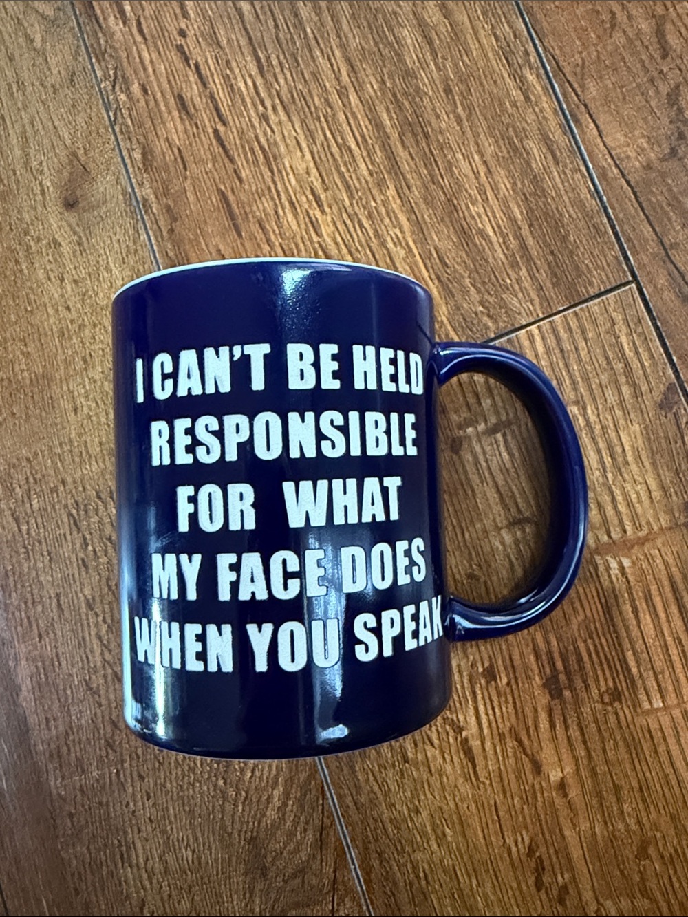 Vintage Navy Blue Ceramic Mug with White Humorous Text